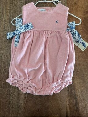 Ralph Lauren Pink Terry Bubble Romper with Floral Bow NWT